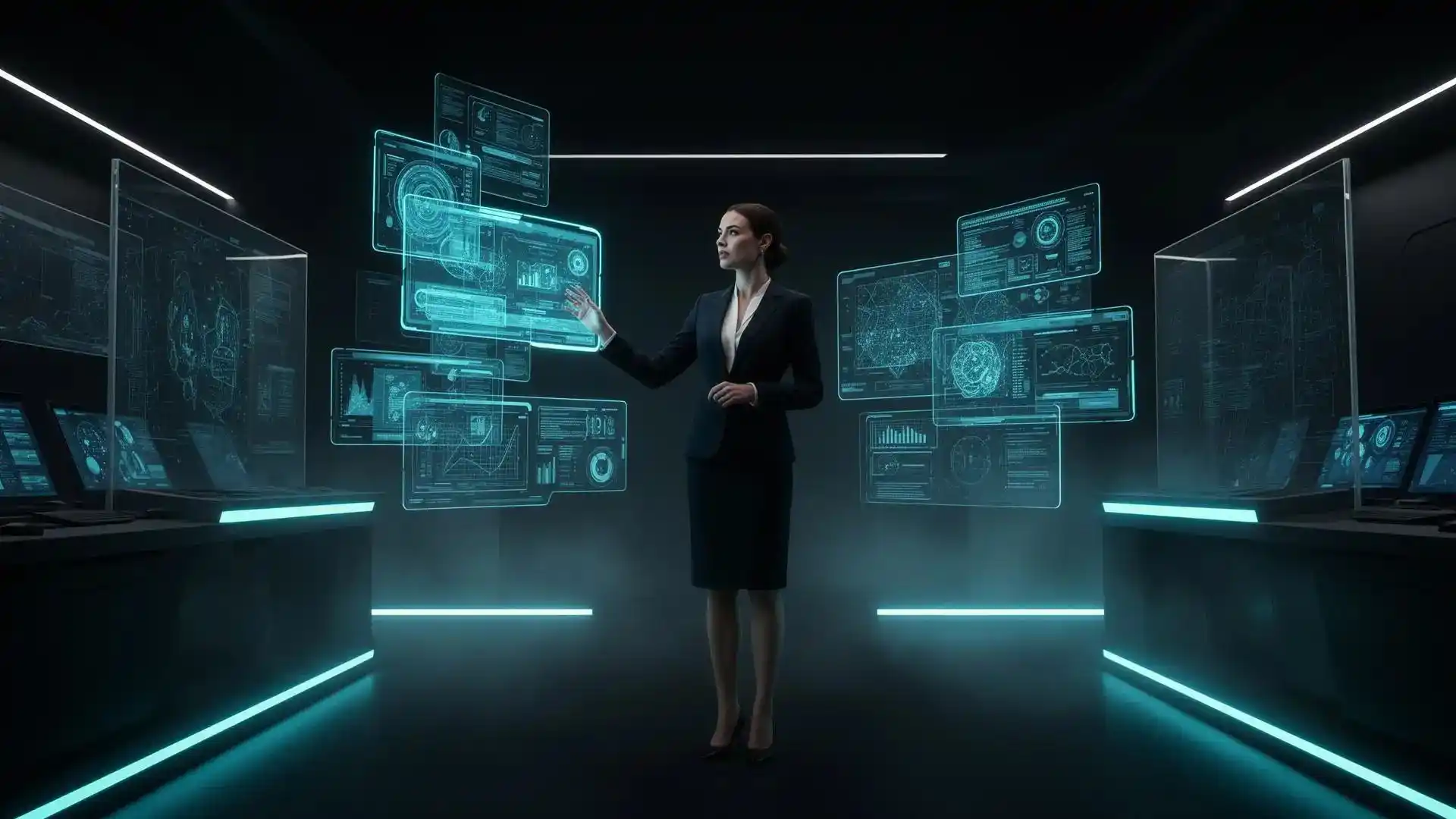Tech executive interacting with futuristic AI data interfaces
