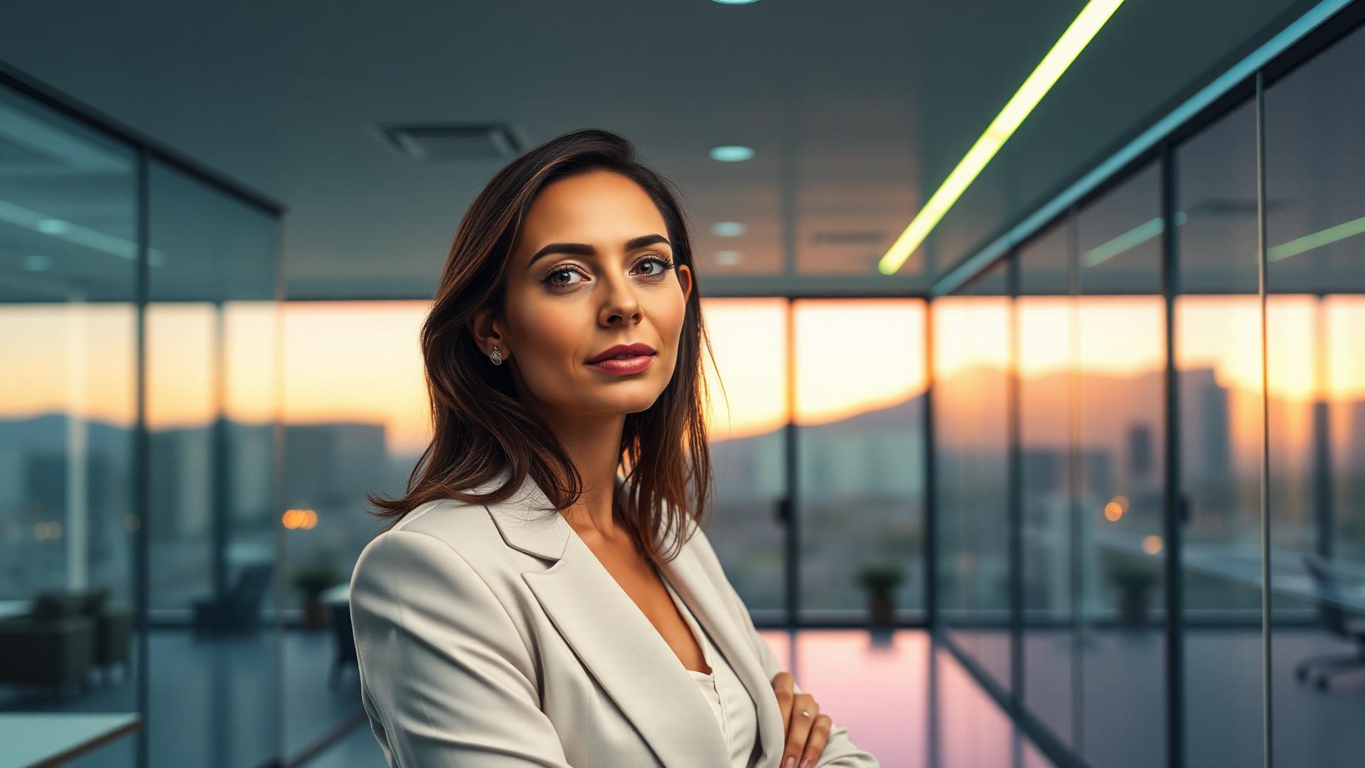 AI automation strategist in a modern Scottsdale glass office overlooking the McDowell Mountains